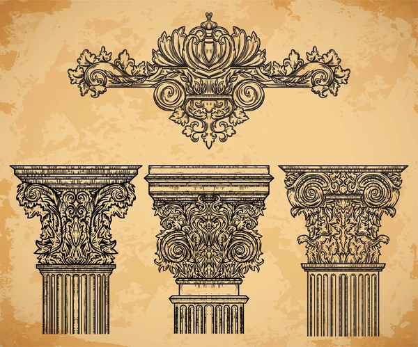 Vintage architectural details design elements on aged paper background. Antique baroque classic style column and cartouche. Hand drawn vector illustration — Stock Vector