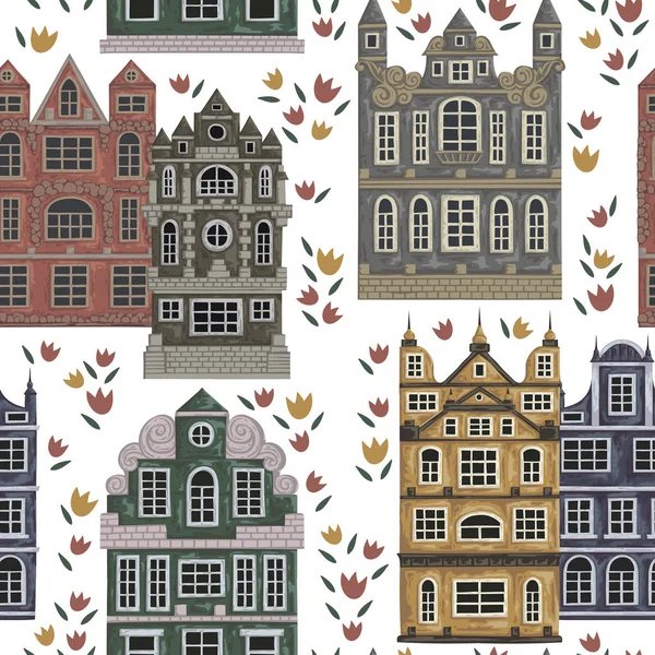 Amesterdão. Padrão sem costura com edifícios históricos e arquitetura tradicional da Holanda. Casas antigas com flores de tulipa. Vintage mão desenhada ilustração vetorial em estilo aquarela . —  Vetores de Stock