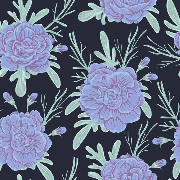 Naadloze patroon met blauwe geranium bloemen en alsem. Rustieke florale achtergrond. Vintage botanische vectorillustratie in aquarel stijl. — Stockvector