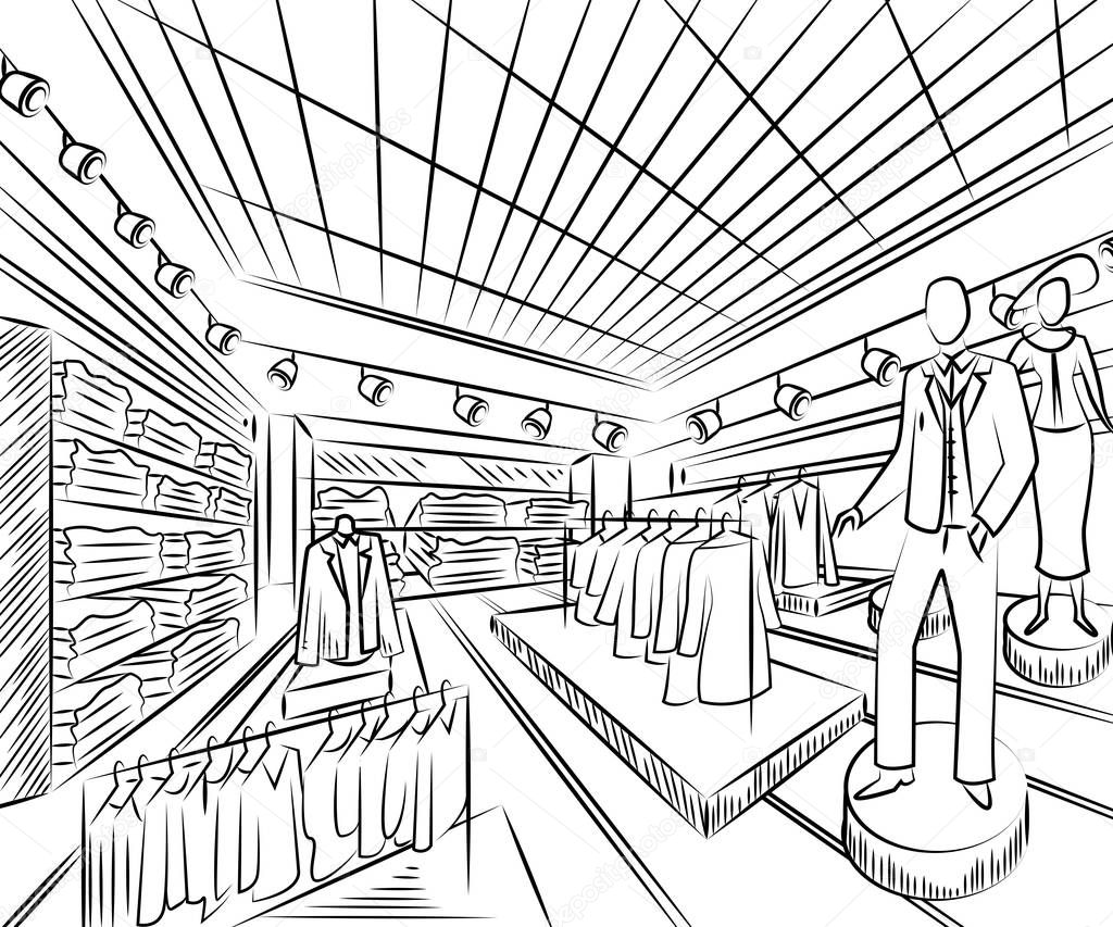 Fashion store interior design in sketch style. Vintage hand drawn vector illustration