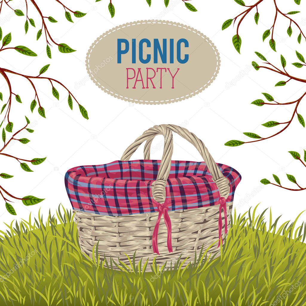 icnic basket in meadow with grass and tree branches. Isolated elements. Design concept for picnic or barbecue party. Summer vacation. Hand drawn vector illustration