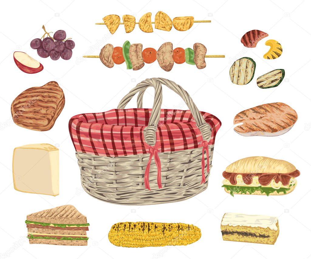 Collection of picnic food. Grill meat, fish, vegetables, sandwiches, cheese, corn, kebab, fruits and basket. Isolated elements. Design concept for picnic or barbecue party. Vector illustration