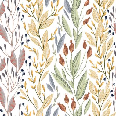 Deniz bitkilerinde, yapraklarda ve yosunlarda kusursuz desenler var. Suluboya tarzında el yapımı deniz bitkisi. Vektör illüstrasyonu