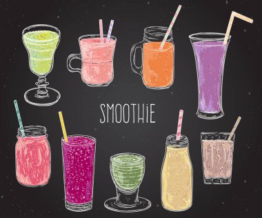 Kara tahta ayarla güler yüzlü. Sağlıklı gıda. İzole öğeleri. Elle çizilmiş vektör çizim kroki tarzı