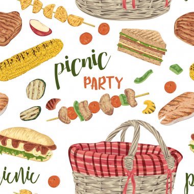 Piknik partisi. Gıda ve sepet ile Seamless modeli. Izgara et, balık, sebze, sandviç, Mısır, kebap, meyve. İzole öğeleri. Vektör çizim