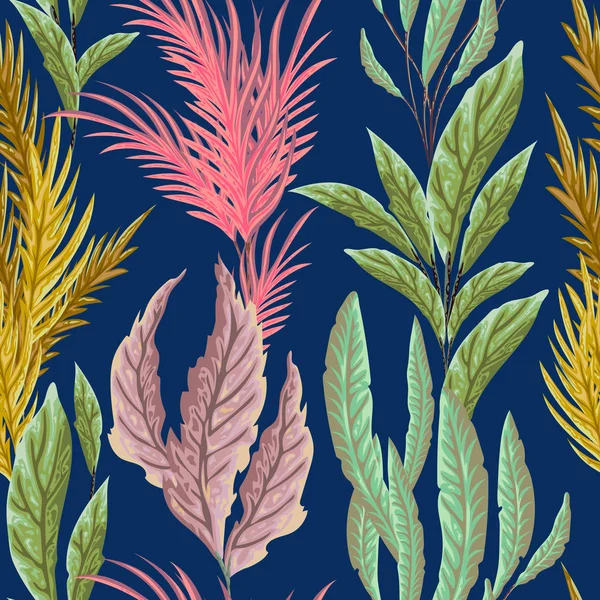 Padrão sem costura com plantas marinhas, folhas e algas marinhas. Flora marinha desenhada à mão em estilo aquarela. Ilustração vetorial —  Vetores de Stock