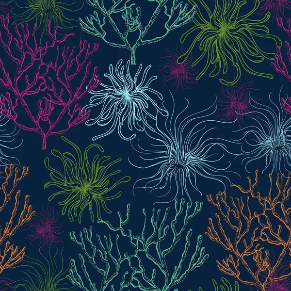 Verzameling van mariene planten, koralen en zeewier. Vintage naadloze patroon met de hand getekende mariene flora. Vectorillustratie in lijn kunststijl. — Stockvector