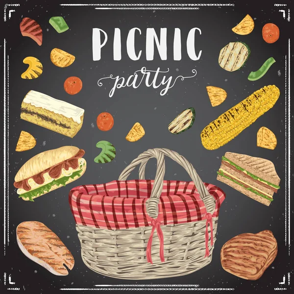 野餐的食物，在黑板上的集合。烧烤肉、 鱼、 蔬菜、 三明治、 玉米、 水果、 蛋糕和篮子。孤立的元素。野餐或烧烤聚会的设计理念。矢量图 — 图库矢量图片