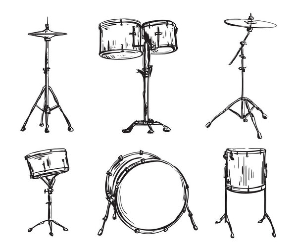 Drum kit in sketch style. Isolated elements. Hand drawn vector illustration