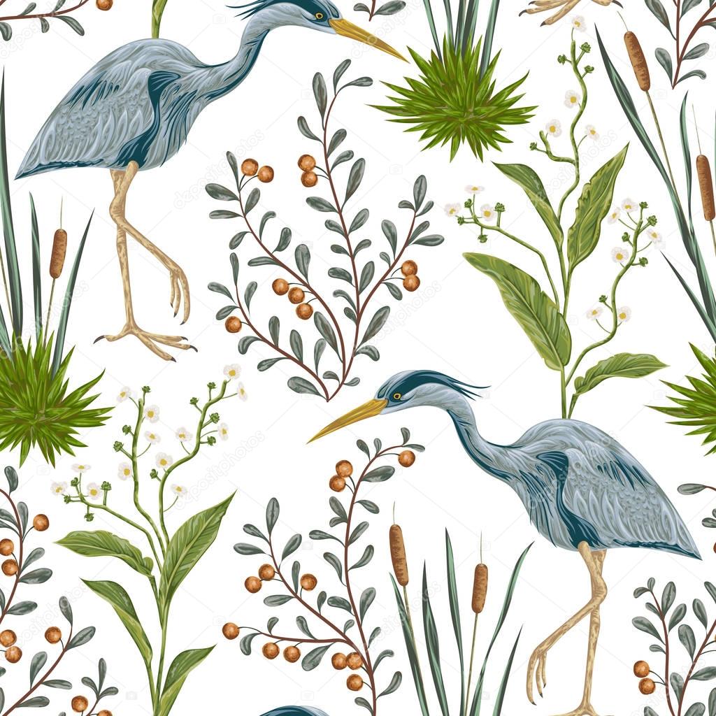 Seamless pattern with heron bird and swamp plants. Vintage hand drawn vector illustration in watercolor style