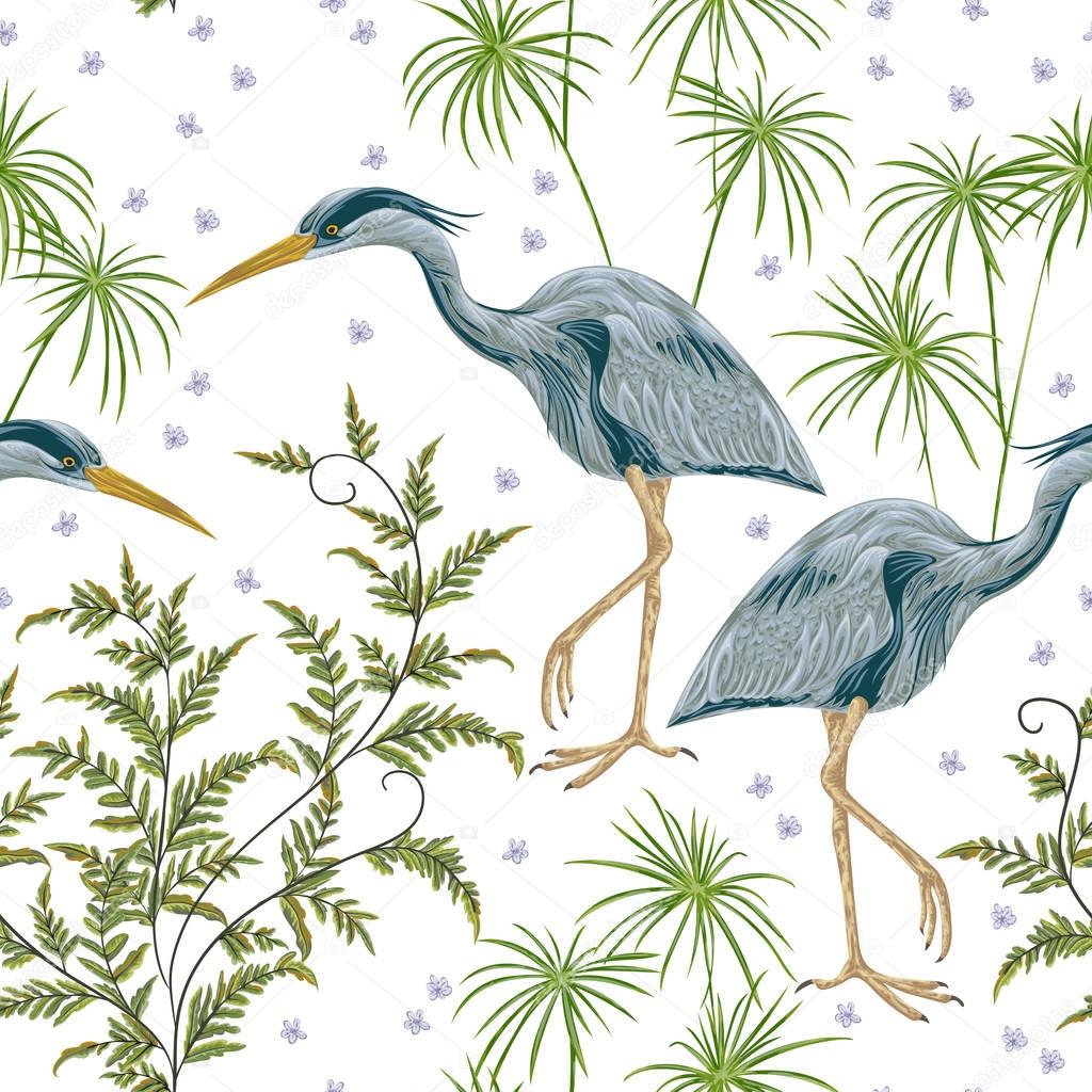 Seamless pattern with heron bird and swamp plants. 