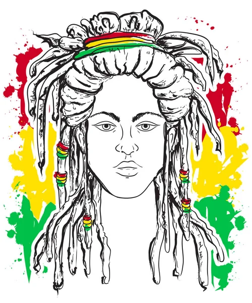 Портрет растамана. Тема Ямайки. Концепция Reggae. Татуировка. Ручной рисунок в стиле гранж. Ретро баннер, открытка, футболка, печать, плакат. Винтажная красочная векторная иллюстрация — стоковый вектор
