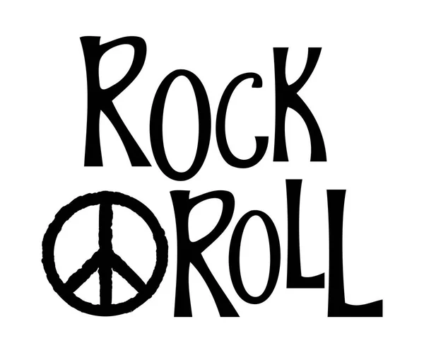 Handgezeichneter Schriftzug Rock and Roll und Hippie-Friedenssymbol. Konzeptentwurf für Karte, Druck, T-Shirt, Postkarte. Vektorillustration. — Stockvektor