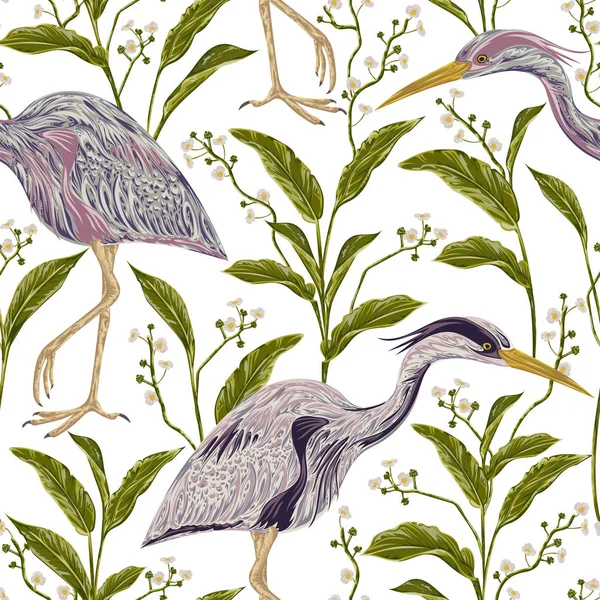 Padrão sem costura com plantas de aves e pântanos de garça. Vintage mão desenhada ilustração vetorial em estilo aquarela — Vetor de Stock