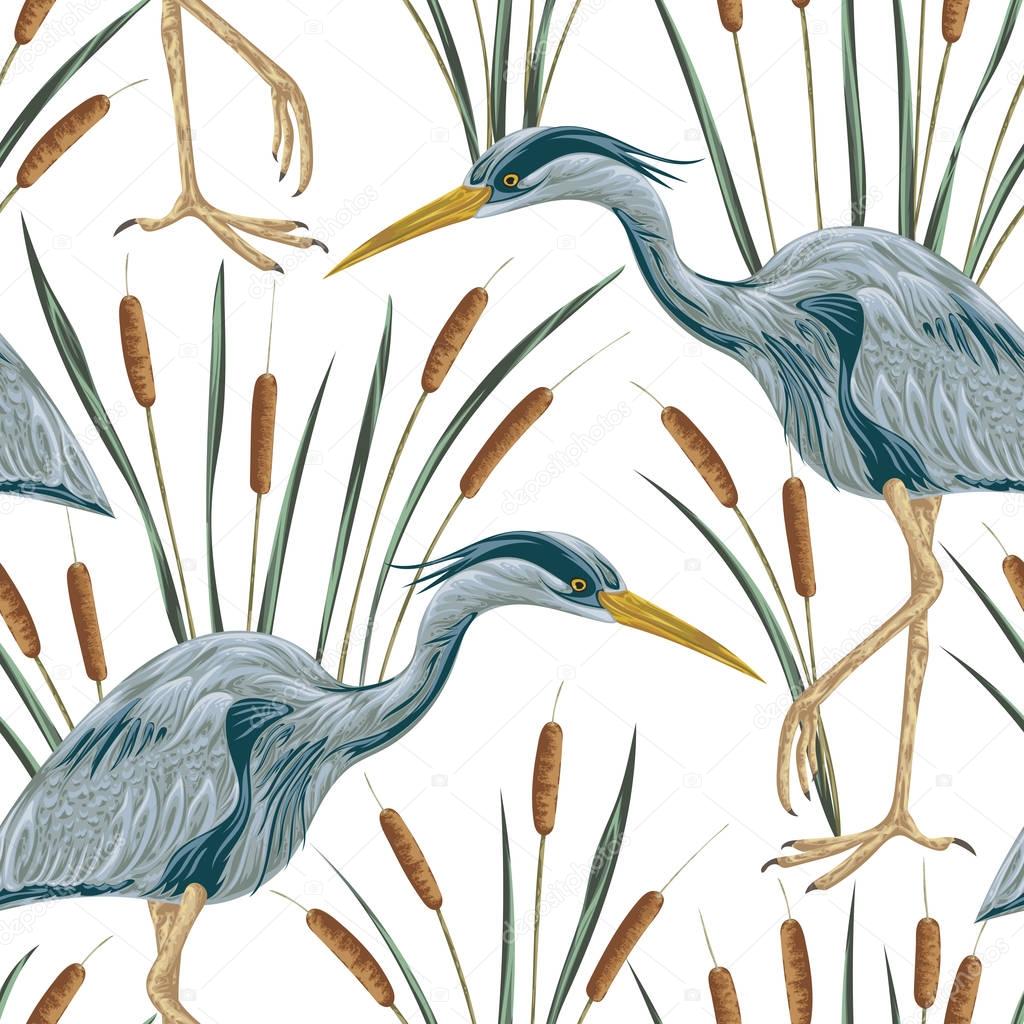 Seamless pattern with heron bird and bulrush. Swamp flora and fauna. Vintage hand drawn vector illustration in watercolor style