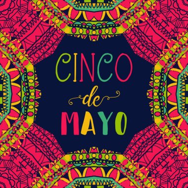 Cinco de mayo. Tipografi poster etnik süsleme ile. Çizilmiş vektör çizim el