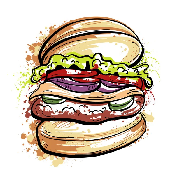 Burger with splashes in watercolor style. Hand drawn vector illustration — Stock Vector