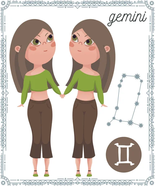 Zodiac sign Gemini. Funny cartoon character. Vector illustration — Stock Vector