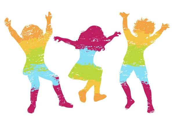 Crianças a saltar. Silhuetas grunge coloridas. Ilustração vetorial —  Vetores de Stock