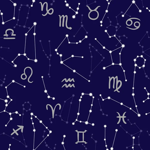 Naadloze patroon met tekenen van de horoscoop en sterrenbeelden. Vectorillustratie — Stockvector