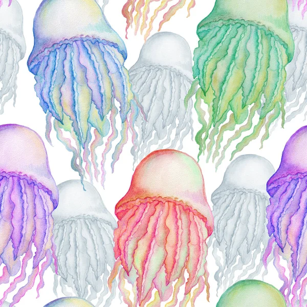 Beyaz zemin üzerine suluboya denizanası ile Seamless modeli. Elle çizilmiş illüstrasyon — Stok fotoğraf