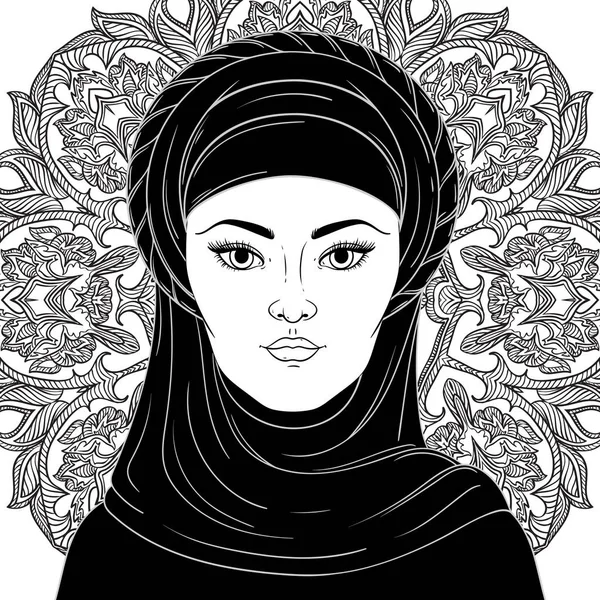 Retrato de mulher muçulmana árabe. Ilustração vetorial em preto e branco —  Vetores de Stock