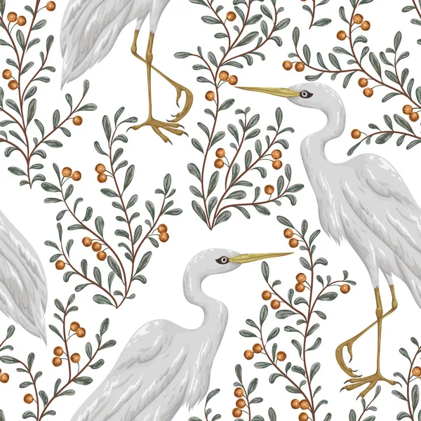 Pola mulus dengan burung heron dan tanaman cranberry. Latar belakang botani berkarat. Ilustrasi vektor gambar tangan antik dalam gaya cat air - Stok Vektor