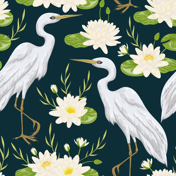 Naadloze patroon met heron vogel en waterlelie. Moeras flora en fauna. Vintage hand getrokken vectorillustratie in aquarel stijl — Stockvector