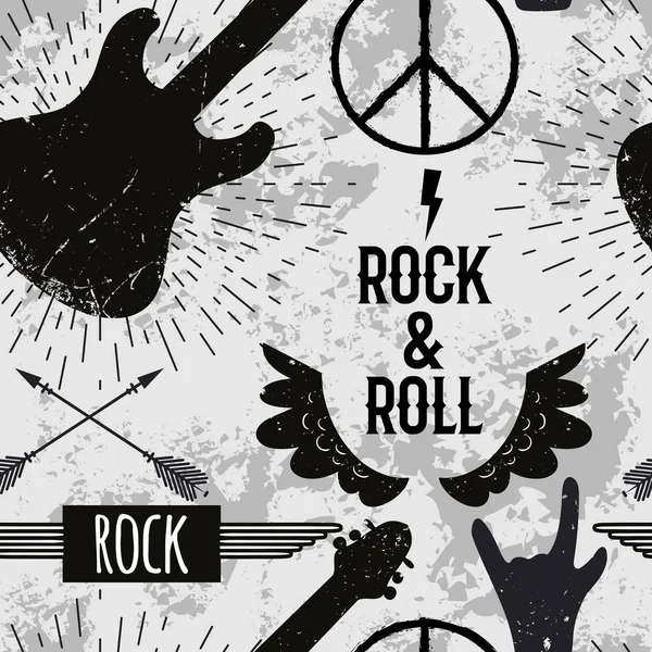 Padrão sem costura com símbolos de música rock and roll. Design de conceito para t-shirt, impressão, cartaz, cartão. Ilustração vetorial vintage — Vetor de Stock