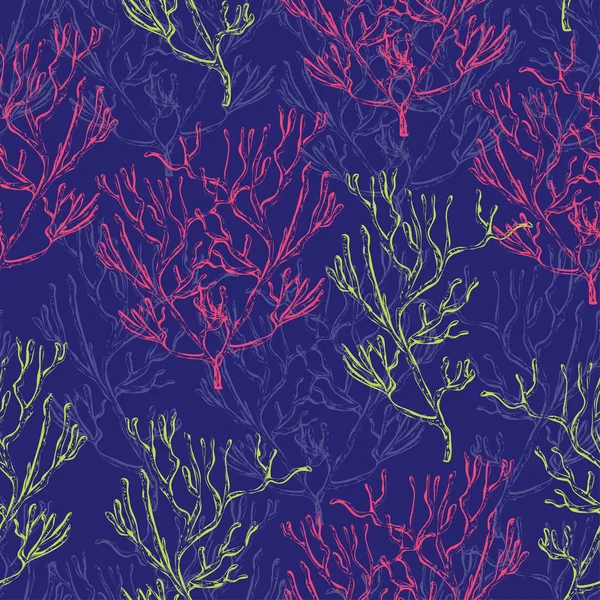 Naadloze patroon met mariene planten, koralen en zeewier. Vintage hand getekende mariene flora. Vectorillustratie in lijn kunststijl. — Stockvector