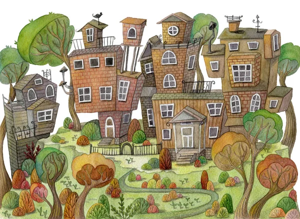 Aquarel cartoon huizen en bomen op de berg. Fairy dorpje. Vintage design concept voor afdrukken of poster. Hand getekende illustratie — Stockfoto