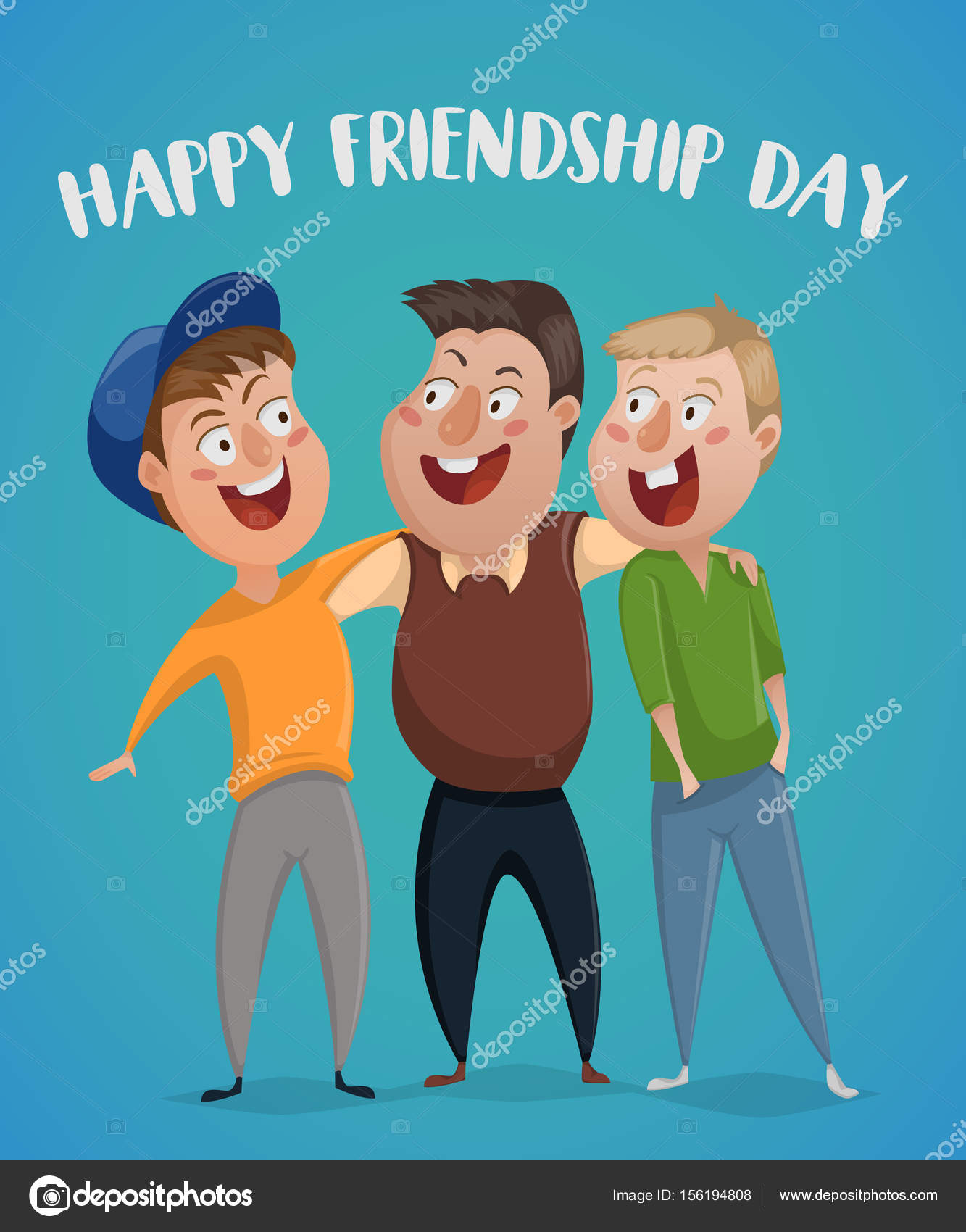 Happy friendship day. Three friends hug. Funny cartoon characters ...