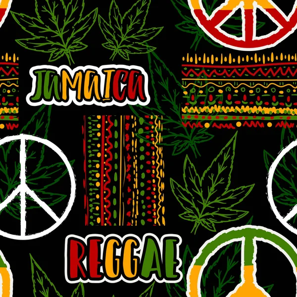 Naadloze patroon met hippie vrede symbool, cannabis bladeren en etnische sieraad. Jamaica thema. Reggae conceptontwerp. Vectorillustratie — Stockvector