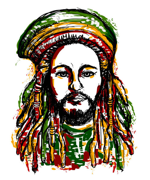 Portrait of rastaman. Jamaica theme. Reggae concept design. Tattoo art. Hand drawn grunge style art. Retro banner, card, t-shirt, bag, print, poster.Vintage colorful hand drawn vector illustration