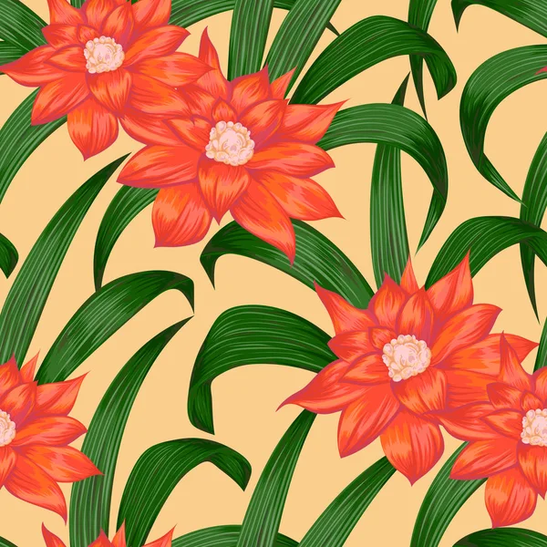Бесшовный узор с тропическими цветами оранжевого бромелия. Экзотический цветочный ботанический фон. Винтажная векторная иллюстрация в стиле акварели — стоковый вектор