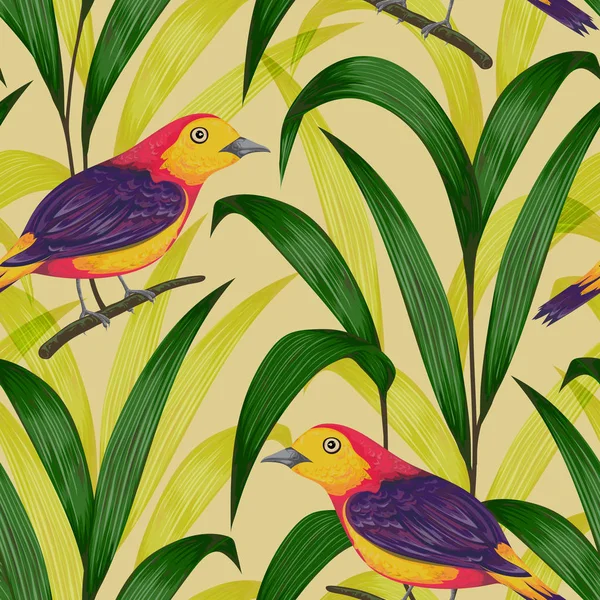 Varrat nélküli mintát a trópusi madarak és növények. Egzotikus növény- és állatvilág. Vintage kézzel rajzolt vektoros illusztráció akvarell stílusú — Stock Vector