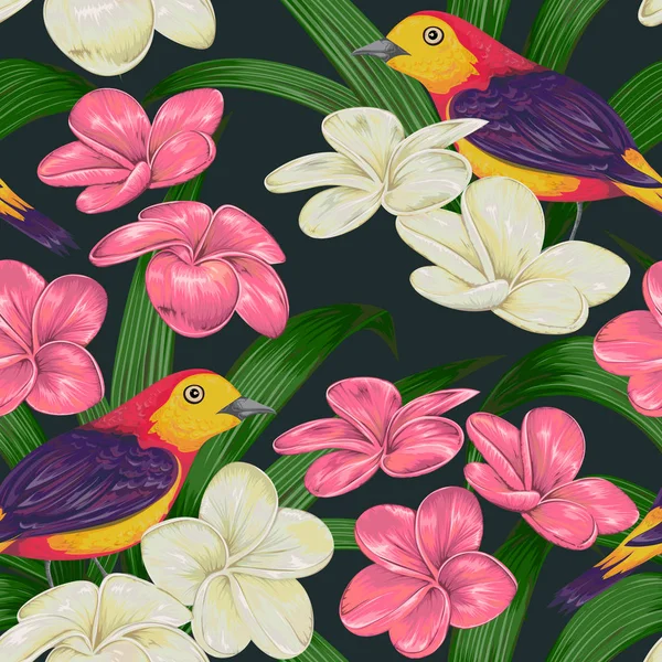 Varrat nélküli mintát a trópusi madarak, virágok és levelek. Egzotikus növény- és állatvilág. Vintage kézzel rajzolt vektoros illusztráció akvarell stílusú — Stock Vector