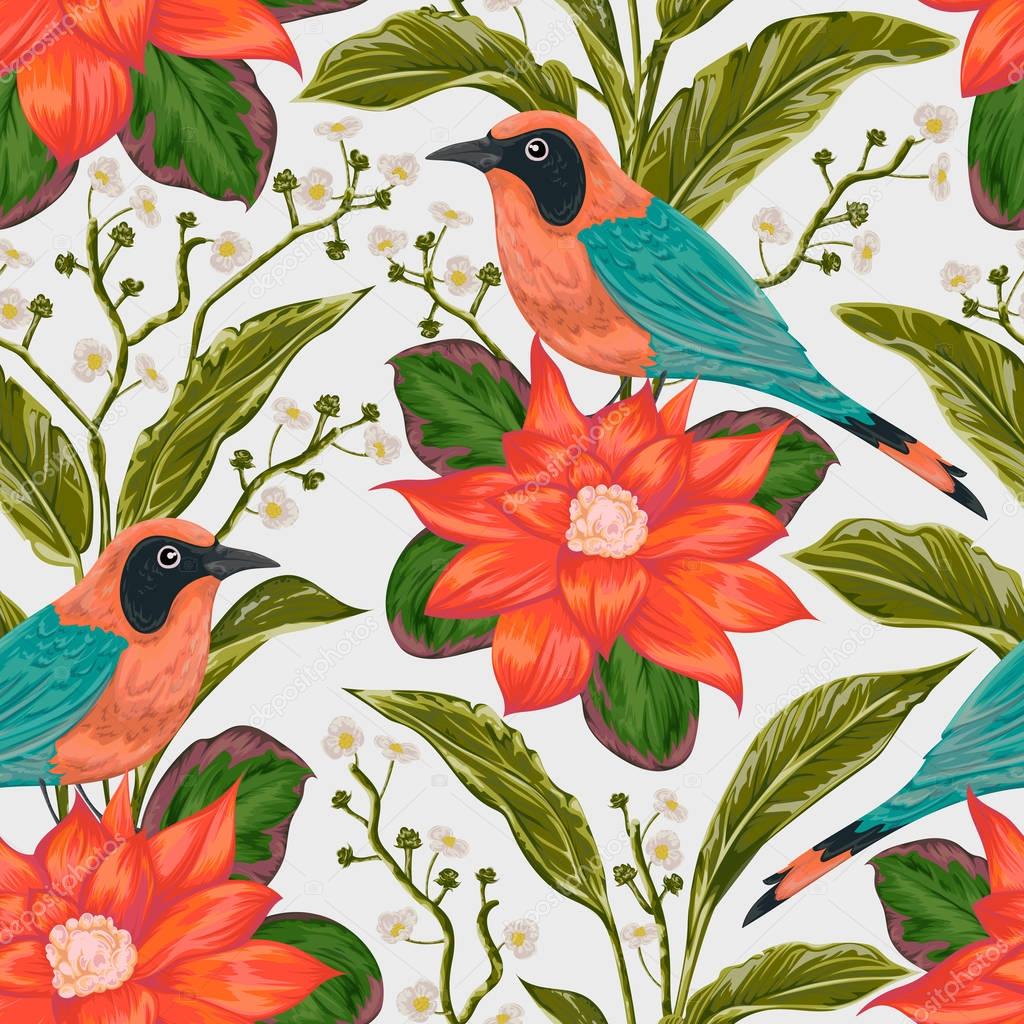 Seamless pattern with tropical birds, flowers and leaves. Exotic flora and fauna. Vintage hand drawn vector illustration in watercolor style