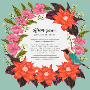 Wreath with tropical bird, flowers and leaves. Exotic floral botanical background. Design for banner, poster, card, invitation and scrapbook. Vintage vector illustration in watercolor style clipart