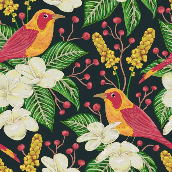 Varrat nélküli mintát trópusi madarak, virágok, bogyók és levelek. Egzotikus növény- és állatvilág. Vintage kézzel rajzolt vektoros illusztráció akvarell stílusú — Stock Vector