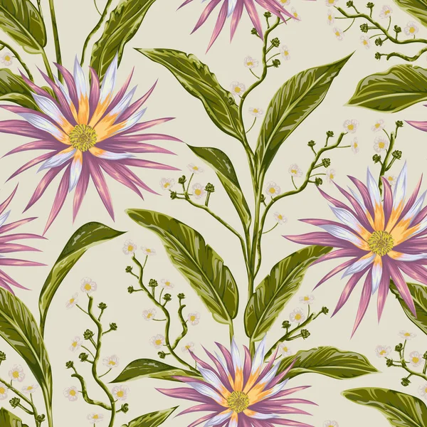 Modèle sans couture avec des fleurs tropicales et des feuilles. Fond botanique floral exotique. Illustration vectorielle vintage dessinée à la main dans un style aquarelle — Image vectorielle