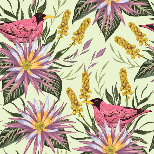 Naadloze patroon met tropische vogels, bloemen, bessen en bladeren. Exotische flora en fauna. Vintage hand getrokken vectorillustratie in aquarel stijl — Stockvector