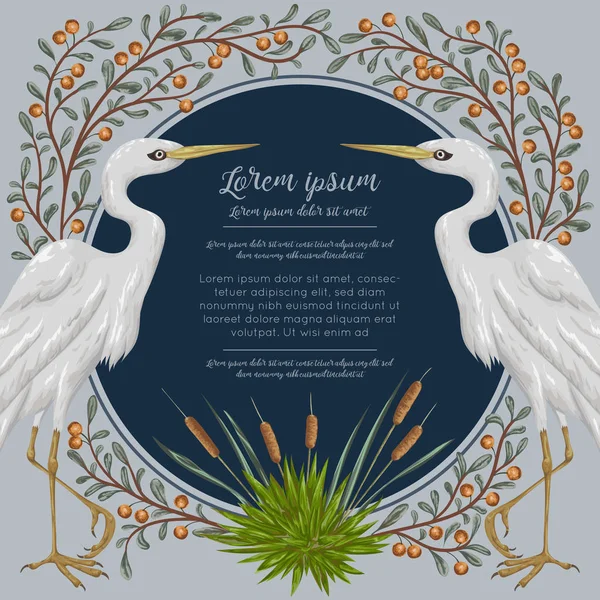 Heron pasăre și mlaștină plante. Flora şi fauna mlăştinoasă. Design pentru banner, poster, card, invitație și album. Ilustrație vectorială botanică în stil acuarelă — Vector de stoc