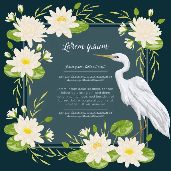 Heron bird and water lily. Swamp flora and fauna. Design for banner, poster, card, invitation and scrapbook. Botanical vector illustration in watercolor style — Stock Vector