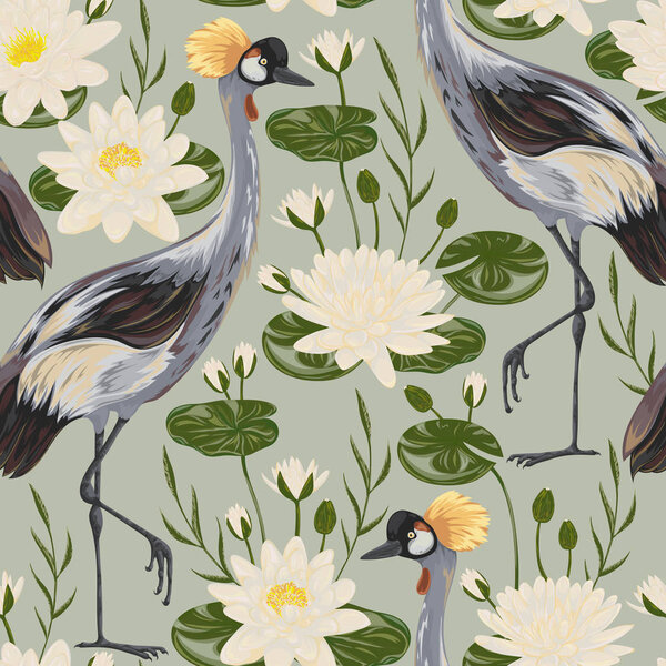 Seamless pattern with crane bird and water lily. Oriental motif. Vintage hand drawn vector illustration in watercolor style