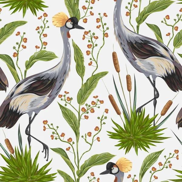 Seamless pattern with crane bird and wild plants. Oriental motif. Vintage hand drawn vector illustration in watercolor style — Stock Vector