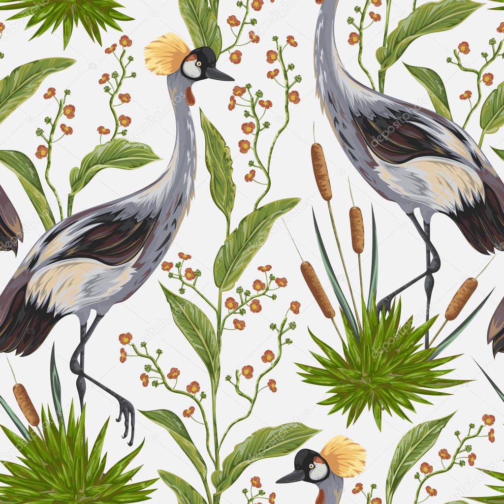 Seamless pattern with crane bird and wild plants. Oriental motif. Vintage hand drawn vector illustration in watercolor style