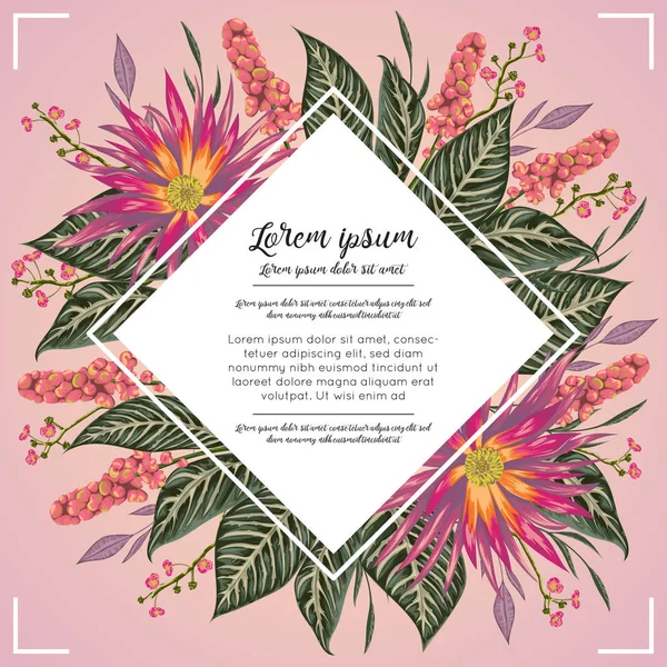 Floral border with tropical flowers,berries and leaves. Design for banner, poster, card, invitation and scrapbook. Botanical vector illustration in watercolor style — Stock Vector