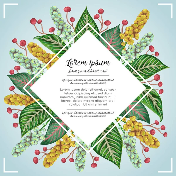 花卉边框与热带花卉，浆果和树叶。设计横幅、 海报、 卡片、 邀请和剪贴簿。在水彩风格植物矢量图 — 图库矢量图片