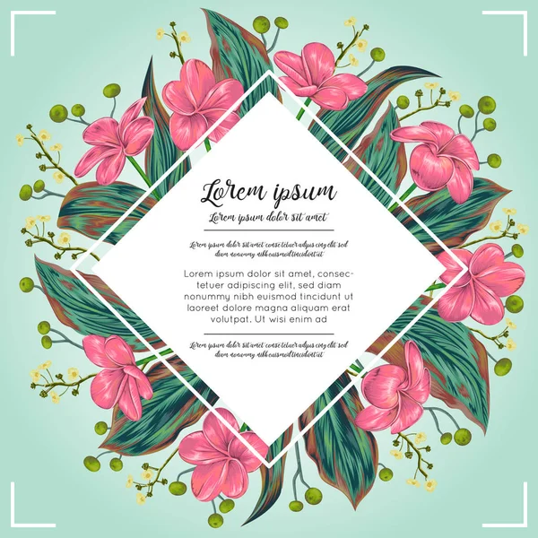 Bordure florale avec fleurs tropicales, baies et feuilles. Conception pour bannière, affiche, carte, invitation et scrapbook. Illustration vectorielle botanique dans un style aquarelle — Image vectorielle